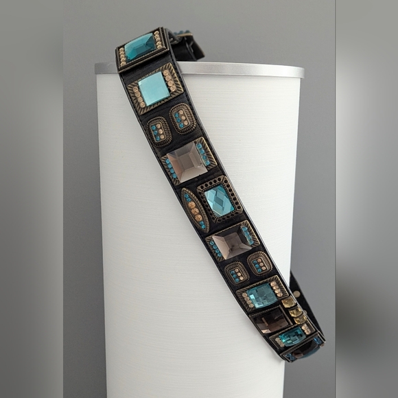 Black Leather Belt w/Colorful Glam Embellishments & Accents Blue/Green & Gold - Picture 4 of 12